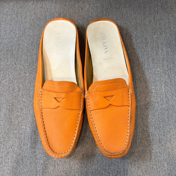 Prada Shoes - Prada Orange Pebbled Leather Mule Loafers Slip On Italy Womens 39